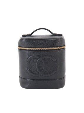Chanel Vanity Hand Bag Caviar Leather Black CC Logo Gold
